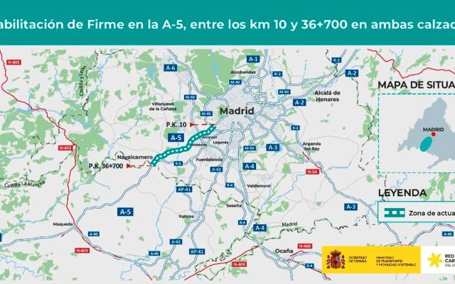 Transportes invierte 21,85 millones en rehabilitar el firme en la A-5 a su paso por Alcorcón, Móstoles y Navalcarnero