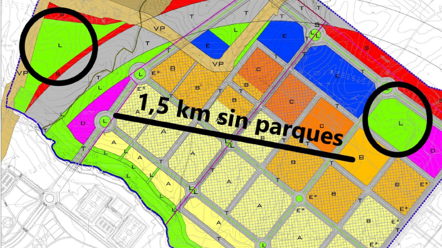 Plano del proyecto urbanístico de Cerro del Baile con las zonas verdes señaladas
