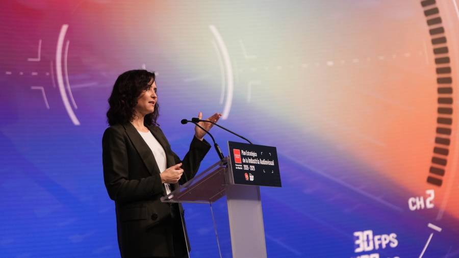 La presidenta regional, Isabel Díaz Ayuso, presenta el Plan Estratégico de la Industria Audiovisual en las instalaciones de Madrid Content City