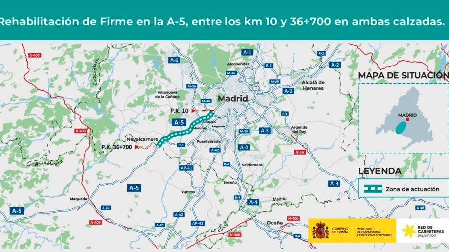 Transportes invierte 21,85 millones en rehabilitar el firme en la A-5 a su paso por Alcorcón, Móstoles y Navalcarnero