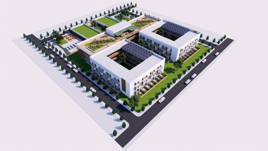 Gráfico tridimensional del proyecto de construcción de una residencia para personas mayores en el barrio de Las Rosas, en Madrid