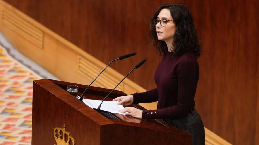 La presidenta, Isabel Díaz Ayuso, en su comparecencia en la Asamblea regional