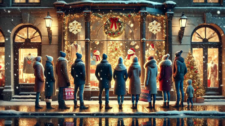 Imagen de recurso generada con IA de varias personas contemplando un escaparate en Navidad