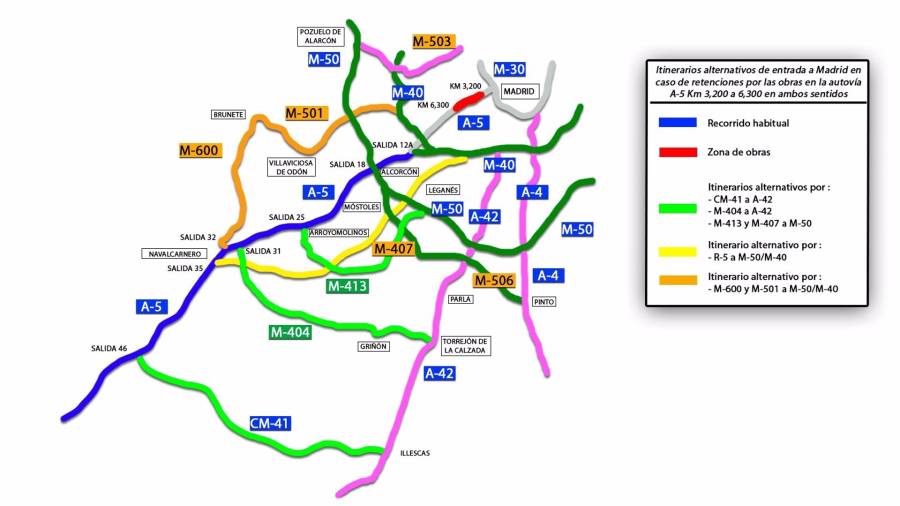 Itinerarios alternativos para evitar la zona de obras de la A-5