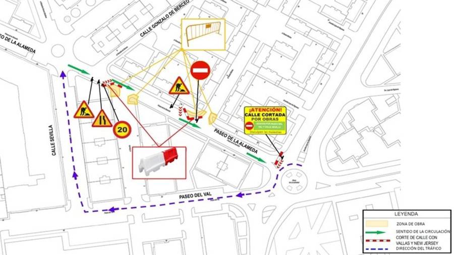 Plano con información detallada de los cortes de tráfico y afecciones a la movilidad por las obras en el paseo de la Alameda