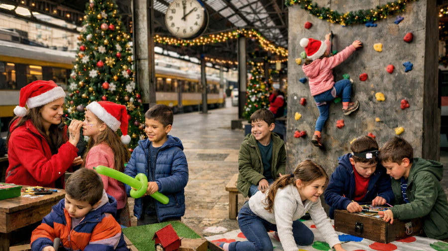 Imagen de recurso generada con IA de niños realizando actividades de ocio en una estación de tren