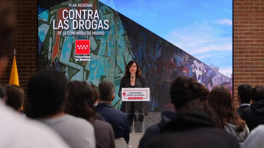 La presidenta de la región, Isabel Díaz Ayuso, durante la presentación del Plan Regional contra las Drogas