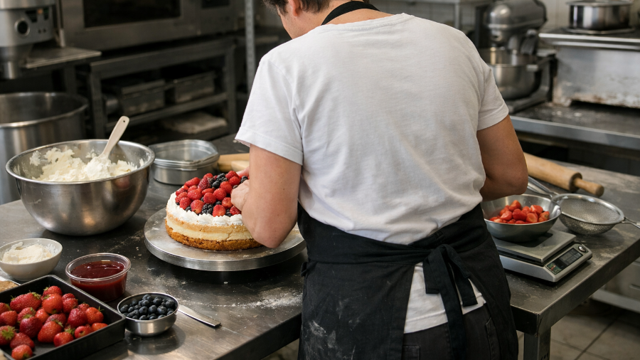 Imagen de recurso generada con IA de un repostero en una cocina haciendo una tarta