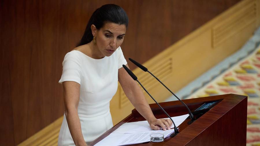 La portavoz de VOX en la Asamblea de Madrid, Rocío Monasterio, interviene durante la segunda sesión del Debate del Estado de la Región, en la Asamblea de Madrid