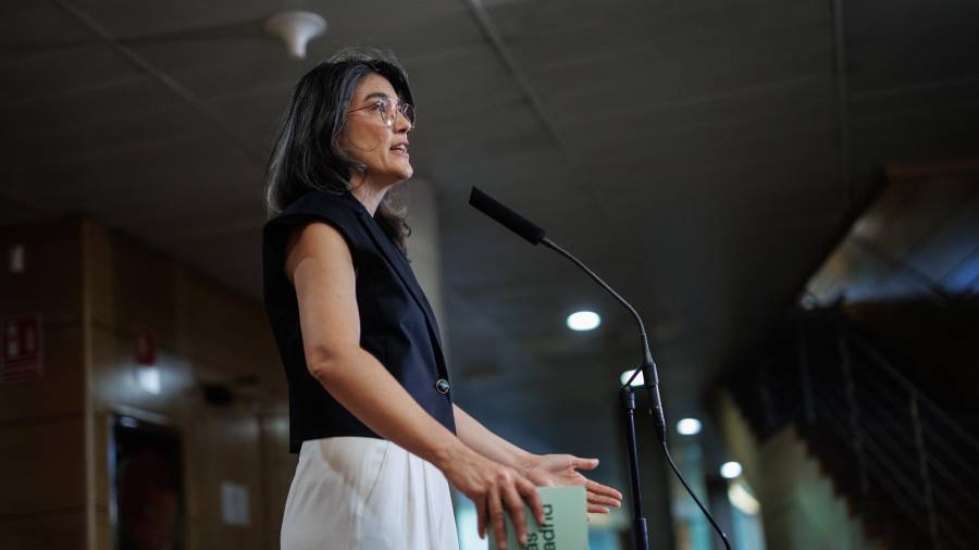 La portavoz de Más Madrid en la Asamblea, Manuela Bergerot, ofrece una rueda de prensa durante un pleno en la Asamblea de Madrid