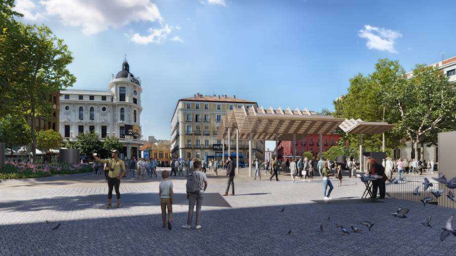Recreación de la plaza de Jacinto Benavente desde la calle de Carretas